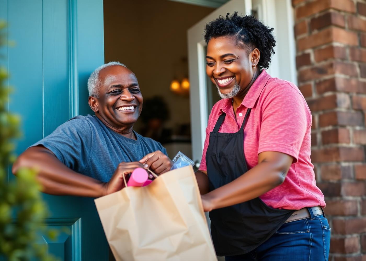 A member of our caregiving team helping a senior client at the front door